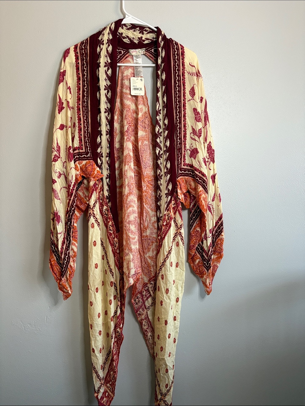 Free People Cream, Burgundy & Orange Boho Open-Front Cape